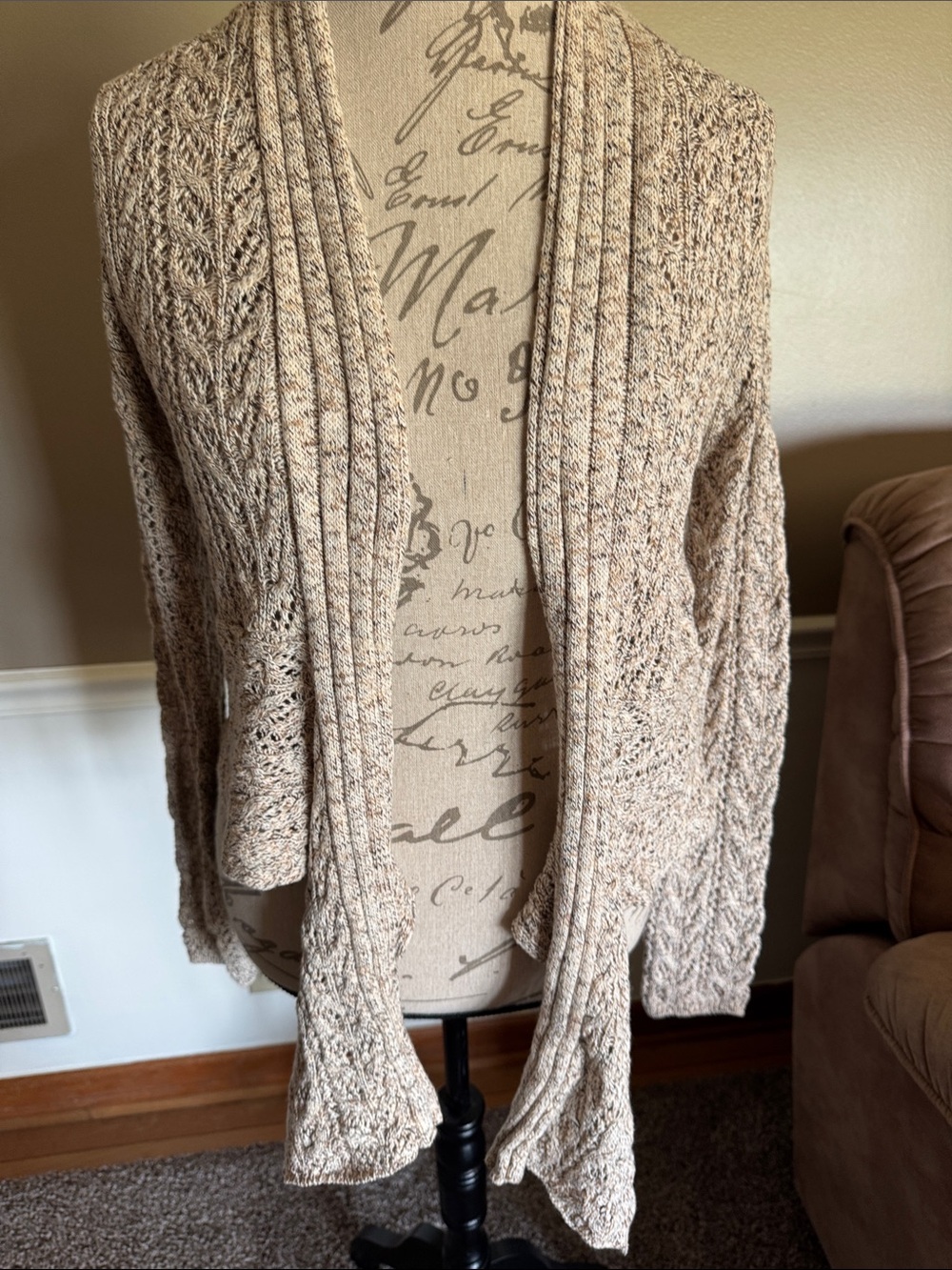 Dress Barn Beige Marled Open-Front Cable Knit Cardigan